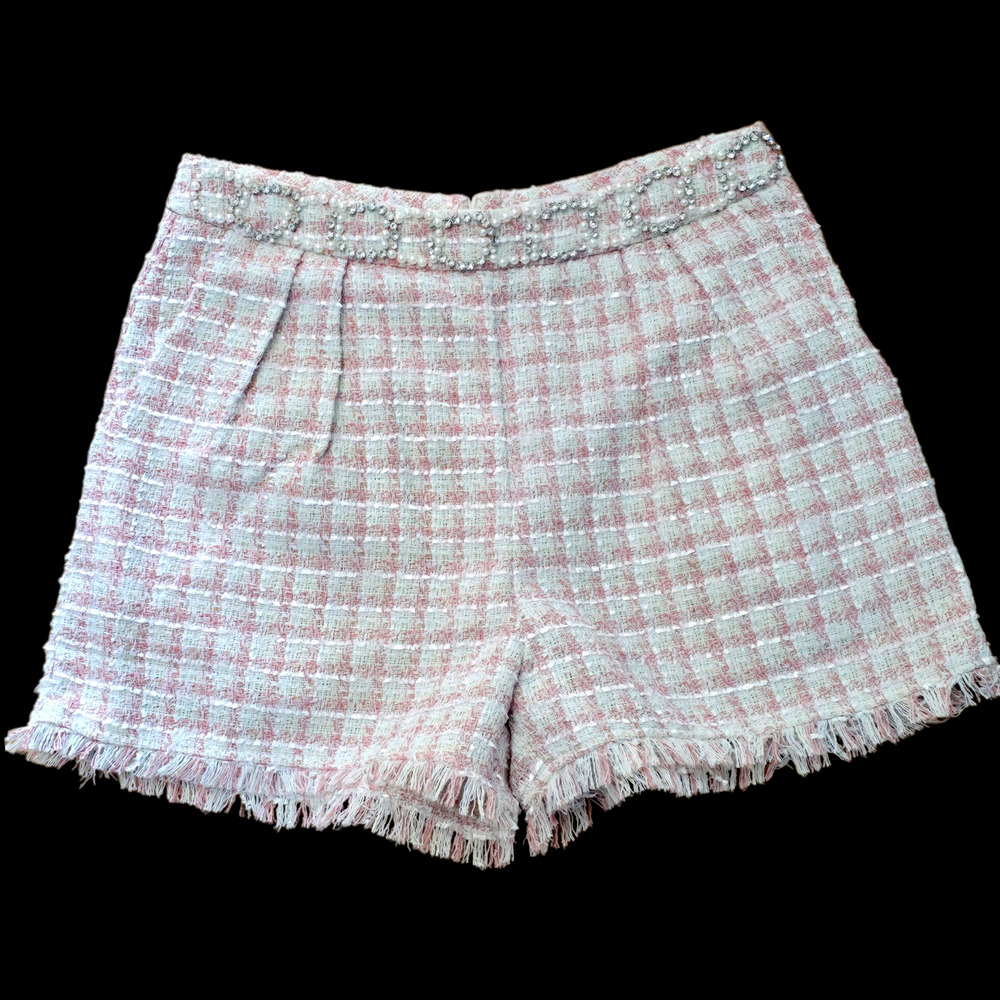 Venus Women’s Pink/White Tweed Rhinestone & Pearl Shorts with fringe Hem, Sz 12